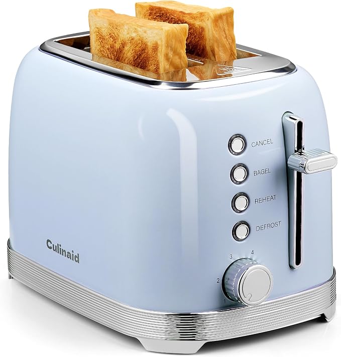 Toaster 2 Slice Retro Stainless Steel, Blue | 1.5” Extra Wide Slots with Bagel, Defrost, Reheat, Cancel Functions, 6 Bread Shade Settings, Removable Crumb Tray