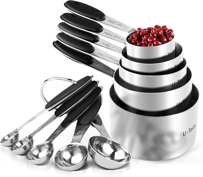 U-Taste Measuring Cups Spoons Set, 18/8 Stainless Steel, 10Pcs, Black | Upgraded Thickened Handle, Reinforced Welded Joints, Nested Stackable Design, Metal Measure Set for Kitchen Baking Cooking