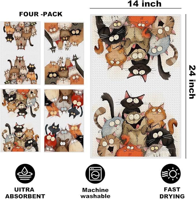 4 Pcs Cute Cat Kitchen Towels, Funny Cats Gifts Absorbent Hand Towels-02 | Cat Dish Cloths for Drying Dishes, Cats Waffle Dish Towels for Kitchen Home Bathroom Decor, Cat Lover Gifts for Women Mom