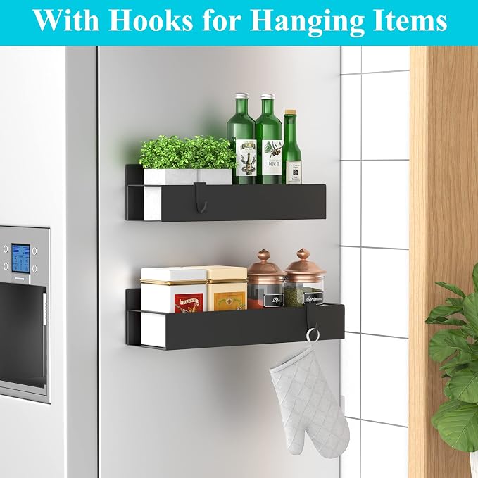 Metal Magnetic Spice Rack for Refrigerator2 Pack Black | Magnetic Shelves Heavy Duty for Fridge in Kitchen, Seasoning Storage Organizer, For Oven Washer and Dryer, For Heavier Items