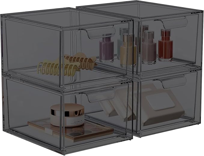 4 Pack Stackable Acrylic Makeup Organizer, Smoke Black Storage Drawers | Clear Plastic Drawer Organizers with Handles for Vanity, Bathroom, Bedroom, Cosmetics, Jewelry and Home Storage