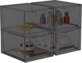 4 Pack Stackable Acrylic Makeup Organizer, Smoke Black Storage Drawers | Clear Plastic Drawer Organizers with Handles for Vanity, Bathroom, Bedroom, Cosmetics, Jewelry and Home Storage