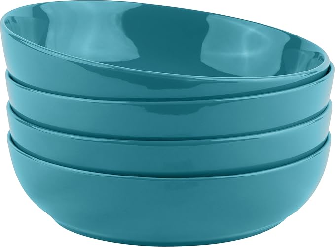 KooK Pasta Bowl, Salad Bowls, Soup, Serving Bowls, Ceramic, Large Capacity, Microwave & Dishwasher Safe, Set of 4, 40 Oz,(Ocean Blue)