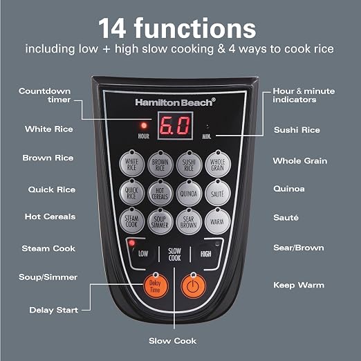 Hamilton Beach Digital Programmable Rice Cooker & Food Steamer | 20 Cups Cooked (10 Cups Uncooked) | 14 Pre-Programmed Settings | PFAS-Free Nonstick Pot | Steam Basket | Stainless Steel