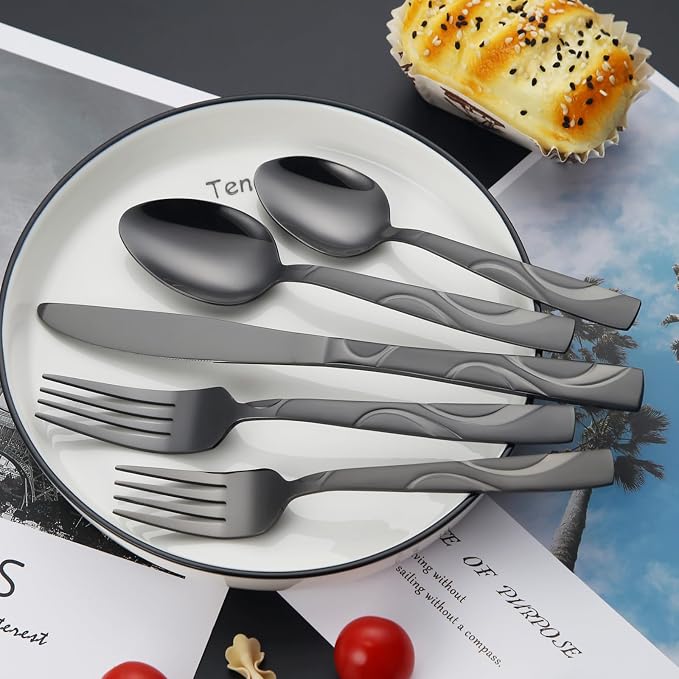 30-Piece Black Silverware Set for 6 | Grade 430 Stainless Steel Flatware Set, Cutlery Set Service for 6, includes Fork Spoon and Knife, Dishwasher Safe