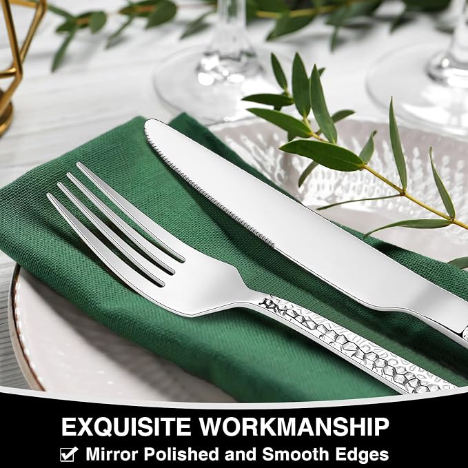 Hammered Silverware Set, 40-Piece Stainless Steel Square Flatware Set for 8, Food-Grade Tableware Cutlery Set, Utensil Sets for Home Restaurant, Mirror Finish, Dishwasher Safe