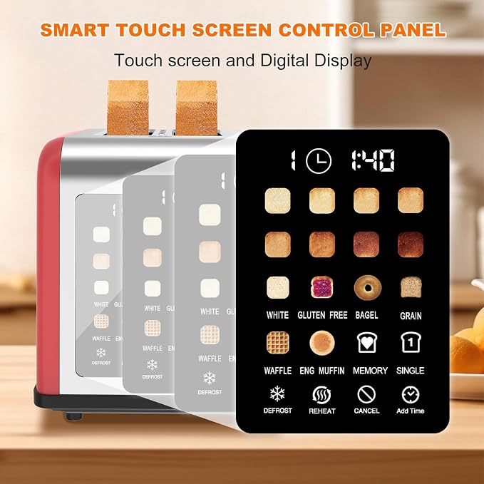 2 Slice Toaster Touch Screen, Stainless Steel Toasters Digital Timer 2 Slot Toasters, 8 Shade Settings 6 Bread Types for Bagel, Cancel, Defrost (Black)