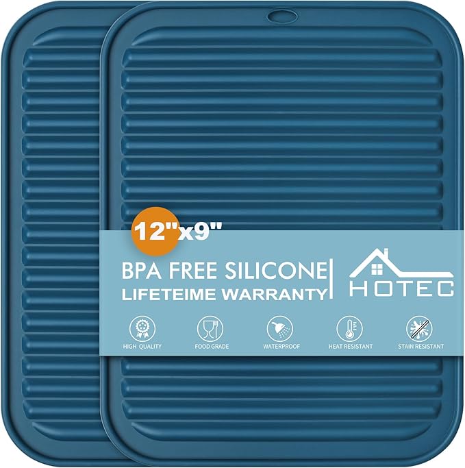 HOTEC BPA Free Silicone Trivets for Hot pots and Pans, 446℉ Heat Resistant for Kitchen Counter Dish Drying Mat, Set of 2 Classic Blue
