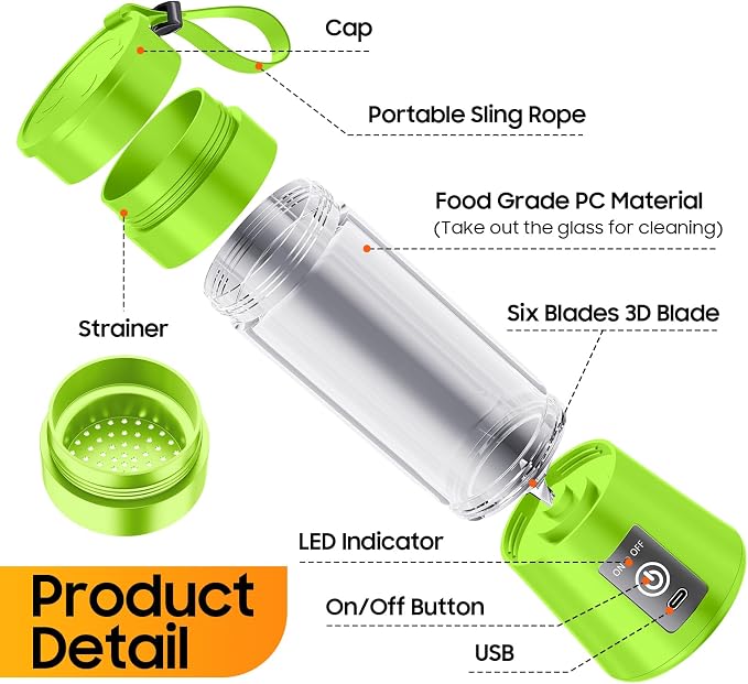 Portable Personal Size Mini Blender - 2026 New Upgrade Smoothies Blender | Small Blender with 380Ml Traveling BAP Free Cup for Sports/Home, 6 Blades Easily Squeeze Fresh Juice, 20000Rpm/Min Speed