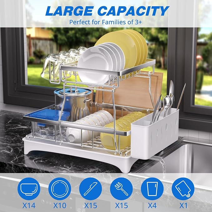 2-Tier Dish Drying Rack - 304 Stainless Steel Dish Rack Auto Drain | Dish Racks for Kitchen Counter, Dish Drainer with Knife Fork & Cup Rack, Gifts for Women, Mothers Day, Kitchen Gadget, Silver