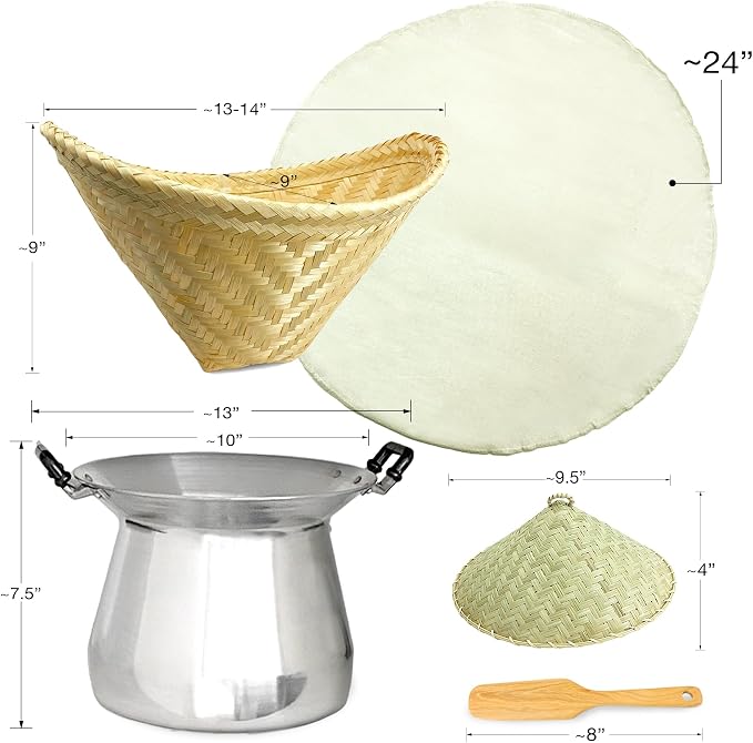 Sticky Rice Professional Thai Chef Grade Cookware Set Restaurant Quality Steamer Pot, Handcrafted Bamboo Wing Basket & Lid, 24” Grade 90 Cheesecloth, & Rice Paddle Ladle