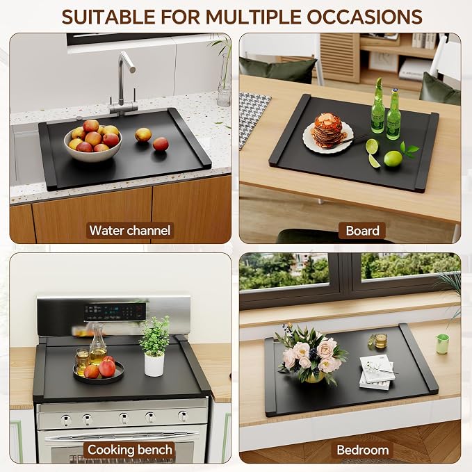 Noodle Board Stove Cover Wood(Ready to Use), Stove Top Covers for Electric Stove, Gas Stove, Wooden Decorative Rustic Kitchen Serving Tray, for Range Stovetop, Cooktop, 30'' * 22'', Black