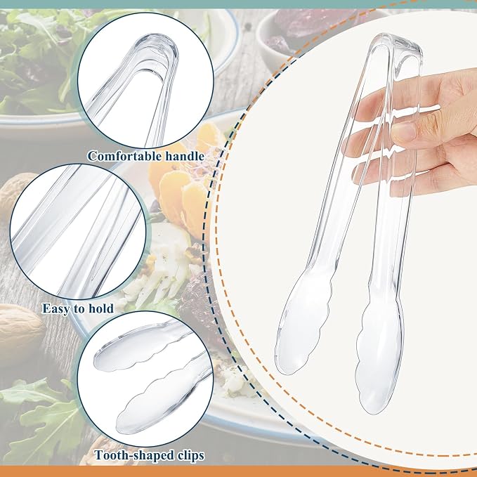 Tessco for you 50 Pcs Plastic Tongs for Serving Bulk, 9 Inch Plastic Disposable Serving Tongs, Heavy Duty Salad Tong for Kitchen, Buffet, BBQ, Events & Catering (Transparent)