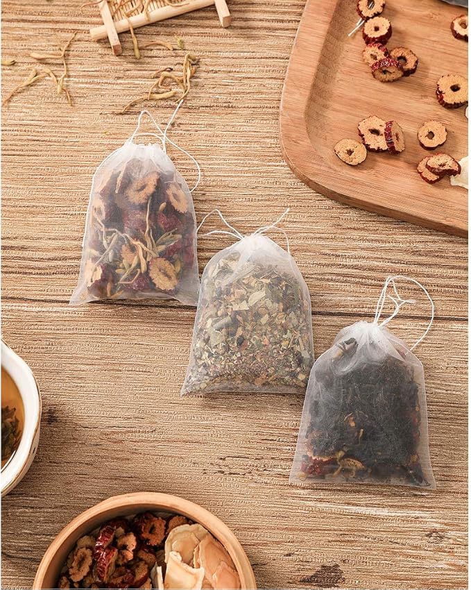 100 Pcs Empty Tea Filter Bags for Loose Tea Herb Spice Small Mesh Drawstring Seal Infuser Strainer Bags (2.36x3.1inch)