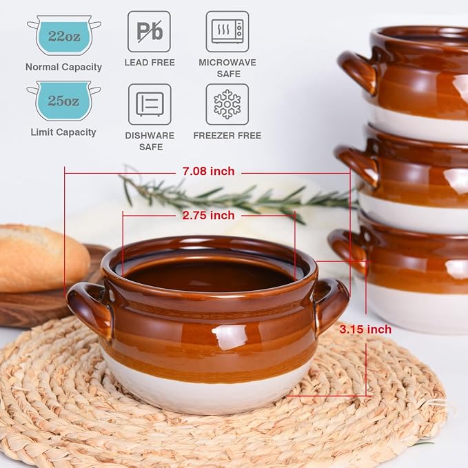 Vumdua French Onion Soup Bowls with Handles, 22 oz Ceramic French Onion Soup Crocks Oven Proof for Chilli, Cereal, Pot Pies - Oven, Broil & Dishwasher Safe, Set of 4