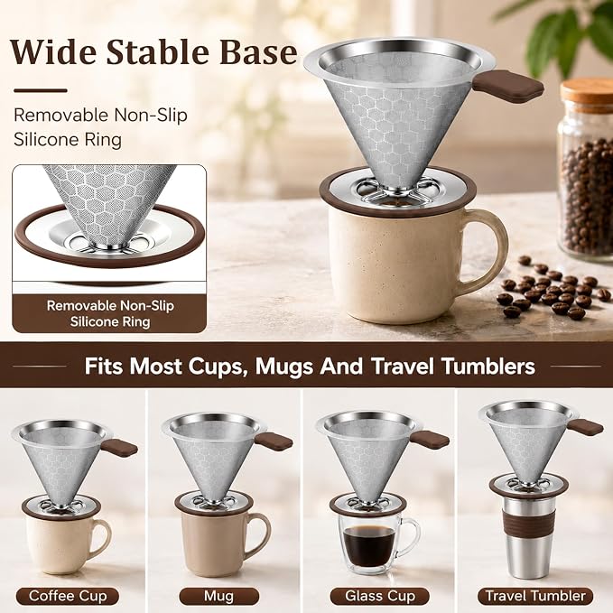 Pour Over Coffee Dripper, Stainless Steel Coffee Filter 600 Mesh Ultra-Fine,Paperless Reusable Coffee Filter,1-2 Cup Portable Single Serve Coffee Maker for Home Office Travel