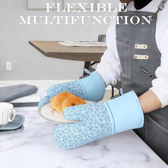Oven Mitts and Pot Holders Sets 6pcs, Kitchen Oven Glove,High Heat Resistant 550 Degree Extra Long Oven Mitts and Potholders with Non-Slip Silicone Surface for Home Essentials (Grey) (Fog Blue)