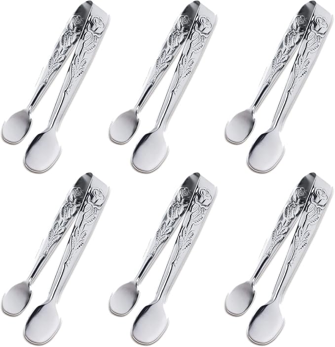 6PCS Mini Serving Tongs, 4Inch Rose Stainless Steel Sugar Cube Tongs, Sliver Small Ice Tong for Tea and Coffee Party, Appetizers, Desserts by Sunenlyst (6PCS Silver)