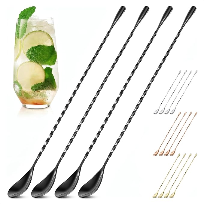 Black Bar Spoon Set of 4, 12 Inch, Stainless Steel, Twisted Spiral Handle | Black Bar Spoons; Dishwasher Safe, Rust-Resistant; for Cocktails, Iced Tea, Iced Latte; Home & Coffee Shop; Sugar Spoon