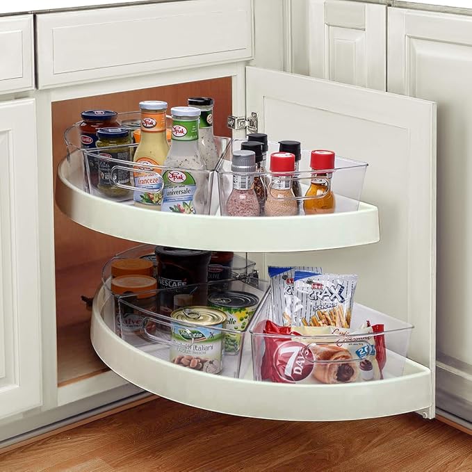 Lazy Susan Organizer for 25''-26'' Diameter Clear Corner Cabinet Storage Bins, Plastic Kitchen Corner Organizer with Handle 1/8 Wedge, Food Safe BPA Free (8 Pack)