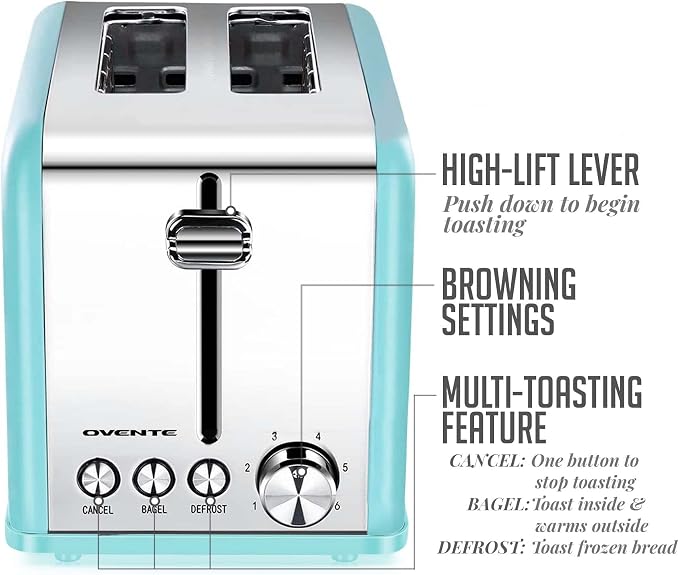 OVENTE 2-Slice Electric Toaster, 825W 6 Browning Setting, Turquoise TS2450T | Perfect for Bagel, and Defrost, with Cancel Functions, Extra-Wide Slots, Stainless Steel Retro Countertop Design