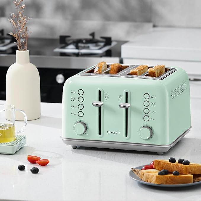 BUYDEEM DT640 4-Slice Toaster, 7 Shade Settings, Extra Wide 1.5’’ Slots for Bagel & English Muffin, 6 Toasting Functions, Retro Stainless Steel Toaster with High Lift Lever, 1800W, Green