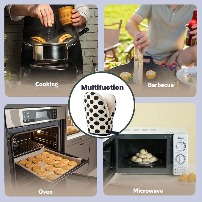 1 Pair Mini Oven Mitts,High Heat Resistant Oven Gloves,Kitchen Short Oven Mit with Hanging Loop for BBQ, Baking, Cooking and Grilling, (dotBlack)