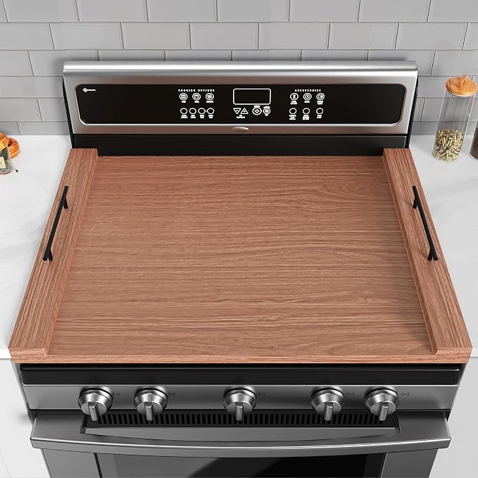 Walnut-colored Wood Noodle Board Stove Cover with Handles - 30x22 Large Stove Top Covers for Gas Burners, Decorative Wooden Stove Topper for Electric Range, Extra Counter Space for Farmhouse