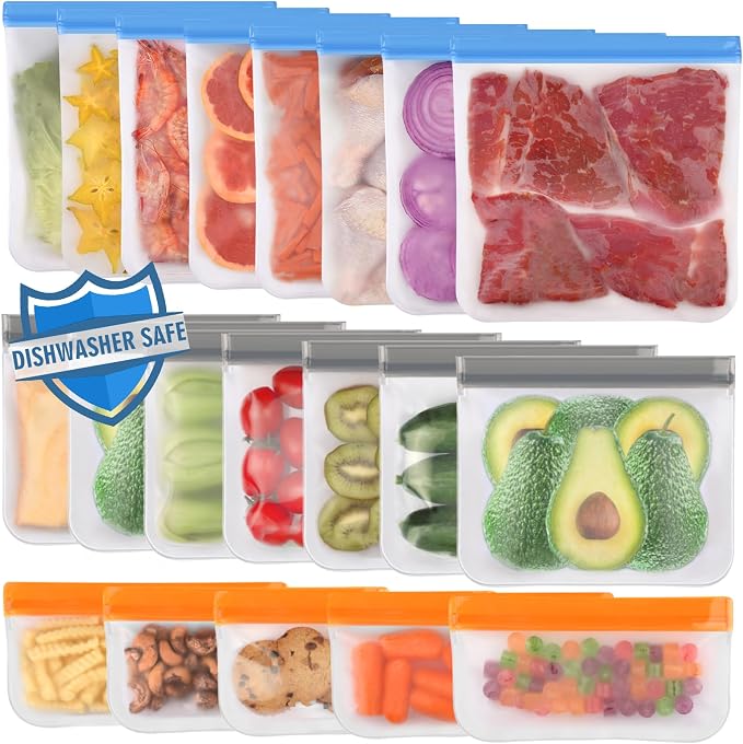 Lerine 20 Pack Reusable Freezer Bags Dishwasher Safe, Food Storage Bags | BPA-Free, Food-Grade Material, Leakproof, Extra Thick, Double-Seal, for Marinating Meats, Lunch, Sandwich, Snack, Travel