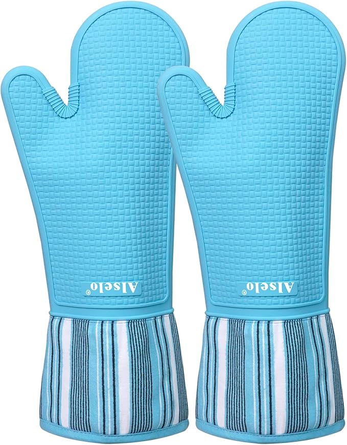 Alselo Silicone Oven Mitts Set, Heat Resistant 550 Degree,7.5"x16" | Extra Long Kitchen Mittens,Waterproof & Non-Silp Oven gloves for Baking Cooking Barbecue Microwave (Extra Long Sapphire, 2)