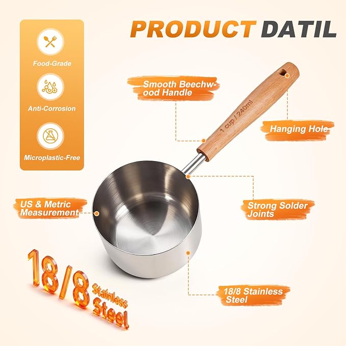 2PCS 2Cup(480ml) Dog Cat Food Scoop, Measuring Cup for Pets & Kitchen | 18/8(304) Stainless Steel, Long Wood Handle, Precise for Portion Control, Etched Scale, BPA Free, Dishwasher Safe