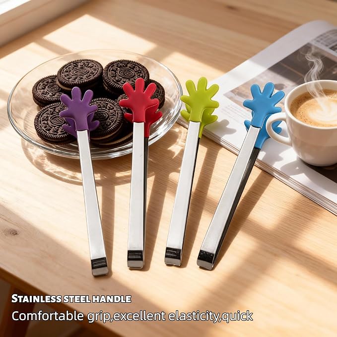 4PCS Silicone Mini Tongs, 5 Inch Colourful Small Hand Shape Metal Food Tongs, Kitchen Tool for Serving Food, Ice Cube, Fruits, Sugar, Barbecue, Desserts，Great for Party, Buffet
