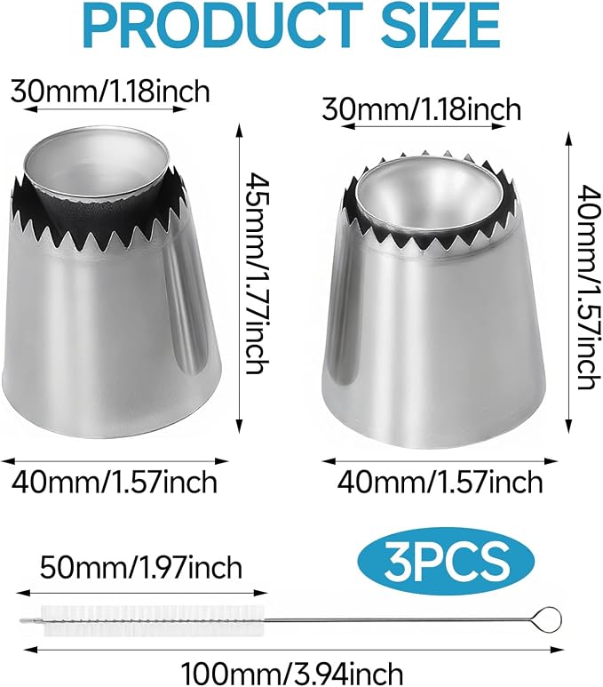 3 Pcs Large Piping Tips Set, 304 Stainless Steel Icing Nozzles 795S 796S with Cleaning Brush, Frosting Tips for Cake Decorating, Cupcakes, Cookies, Pastries and DIY Baking (795S/796S)