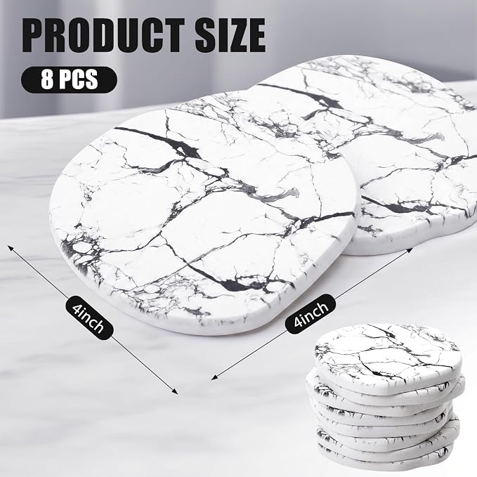 Diatomaceous Earth Coasters Set of 8，Cool Absorbent Quick-Dry Drink Coasters for Desks, Cute Modern Stone Design with Stylish Grey Aesthetic (8, Marble White)