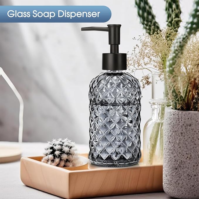 Topsky Gem Glass Soap Dispenser with Black Plastic Pump, 13oz Liquid Hand Soap Dispenser, Rustproof Pump for Kitchen & Bathroom, Great for Lotions, Essential Oil, Liquid Soaps-Gray