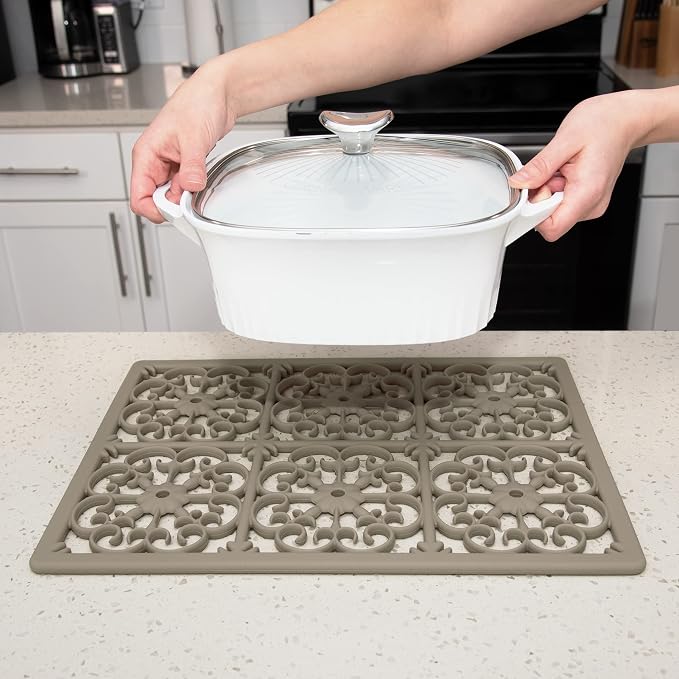GASARÉ, Extra Large, Thick, Silicone Trivet for Hot Dishes, Pots, and Pans, Heat Resistant Mat for Countertop, Hot Pad for Kitchen, Easy to Clean, 16 x 12 x 3/8 Inches, Taupe