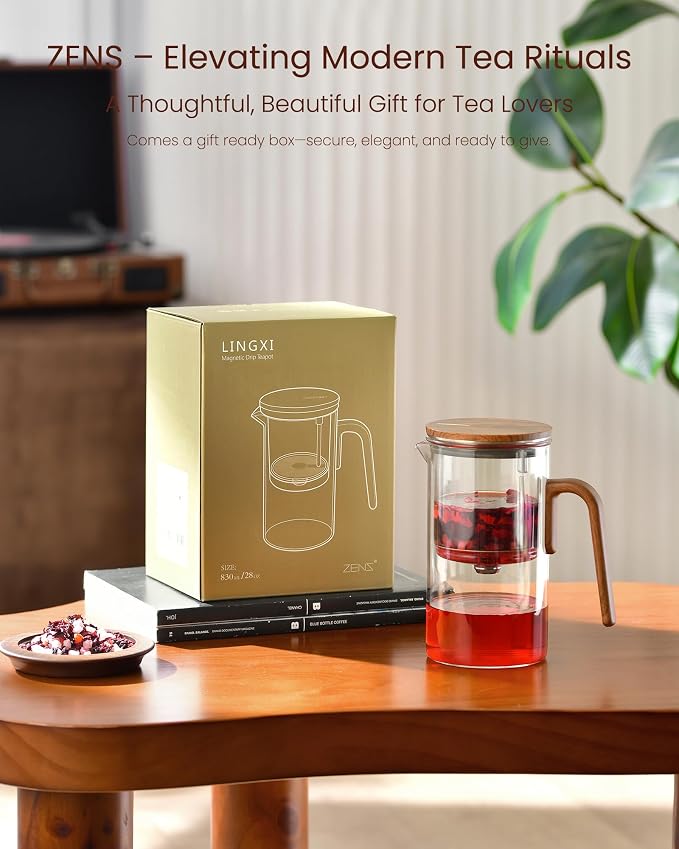 ZENS Magnetic Glass Infuser Teapot for Loose Tea, 28oz Magic Tea Maker | Glass Magnetic Teapot, Echanted Tea Pot with Infusers for Loose Tea Steeper, Tea Lovers Gift, Walnut Pattern