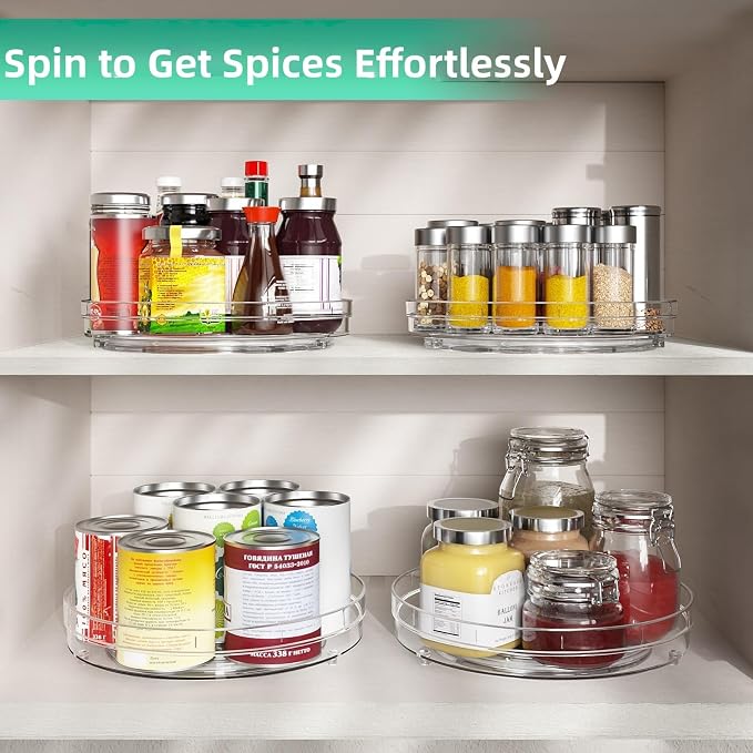 Optish 2 Pack 10.7" Clear Lazy Susan, Non-Skid Turntable Spice Organizer | 360° Smooth Rotation, Clear Design, Tall Raised Edge, Easy Access, Load 15 lbs, for Spices, Cabinet, Pantry, Fridge, kitchen