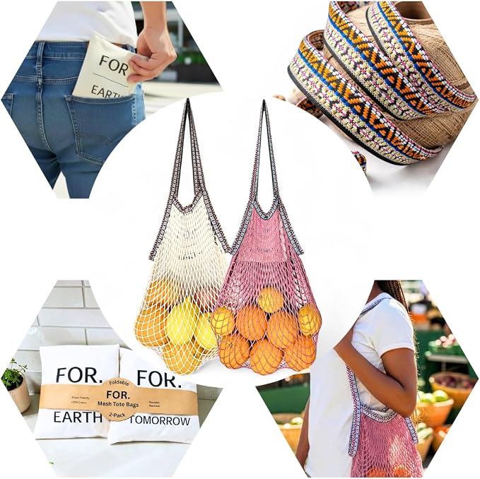 Earth and Tomorrow 2-Pack Reusable Mesh Grocery Bags – Foldable Cotton Net Totes with Jacquard Straps & Reversible Pouch | Cotton Mesh Fabric