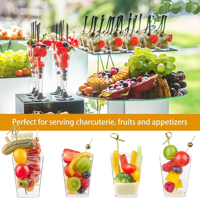 50 Sets 5 oz Plastic Charcuterie Cups with 100 Sticks, Square Appetizer Cups with Cocktail Picks Mini Party Serving Cups for Fruit, Snack, Dessert