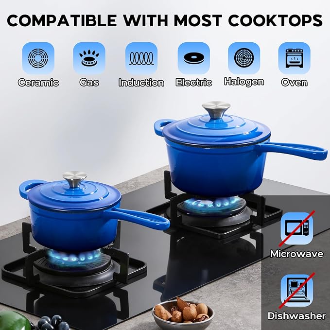 Onader 1QT & 2QT Saucepan Set with Lid, Enameled Cast Iron Sauce Pan Pot, Small Dutch Oven Cooking Kitchen Pot, Nonstick & Heavy Duty, Induction Compatible – Deep Blue