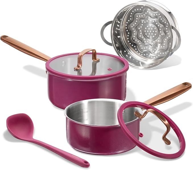 CAROTE 1.5Qt & 3.0Qt Stainless Steel Saucepan Set with Steamer & Ladle, Non-Toxic 3-Ply Stainless Steel Pot with Lids, Small Pots for Cooking, Oven Safe, Induction Compatible Cookware, Purple