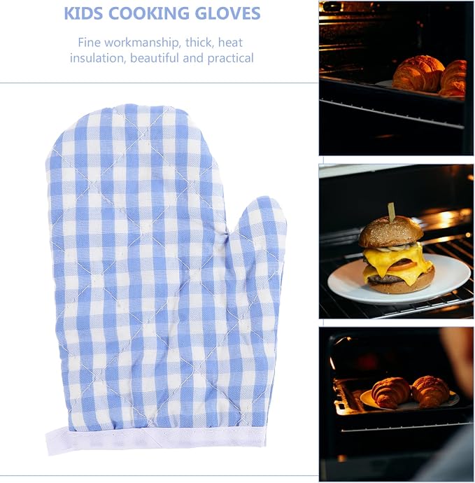 2Pcs Kids Oven Mitts for Children Play Kitchen, Anti- Scald Gloves Microwave Oven Gloves Kitchen Mitts for Kids Toddler Safe Baking Cooking (Light Blue Checkered)