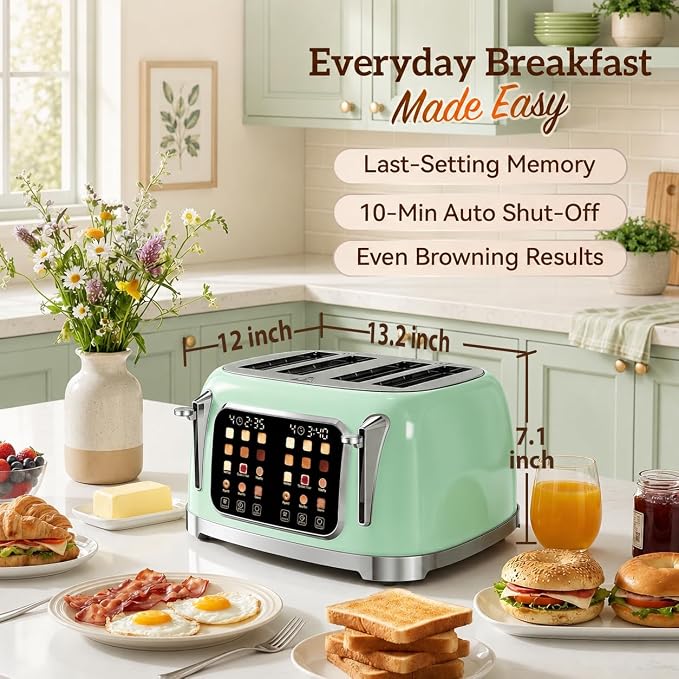 RONGBEST Retro Stainless Steel Toaster 4 Slice with Wide Slot Touch Screen, 6 Browning Levels for Breakfast Bagel & Bread, Reheat & Defrost, Removable Crumb Tray, Mint Green
