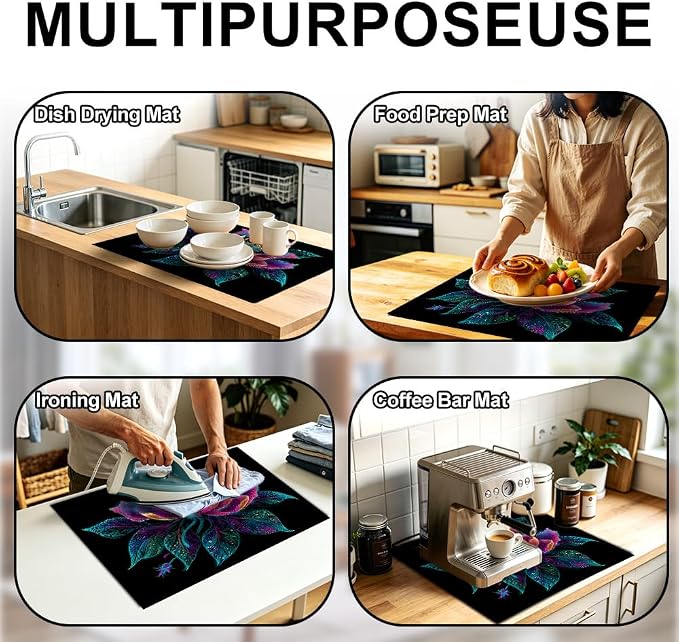 Boho Floral Stove Top Cover 28x20 Inch Glass Stove Cover | Heat Resistant Cooktop Protector Mat with Non-Slip Backing, Scratch Protection and Countertop Drying Mat.