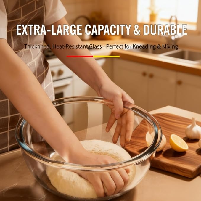 12.3in Wide 6Qt Extra Large Glass Bowl,Glass Salad Bowl Mixing Bowl for Sourdough Bread Dough Making Marinating Meat,Serving Fruit Bowl on Kitchen Countertop for Party,Pasta Dish, Clear