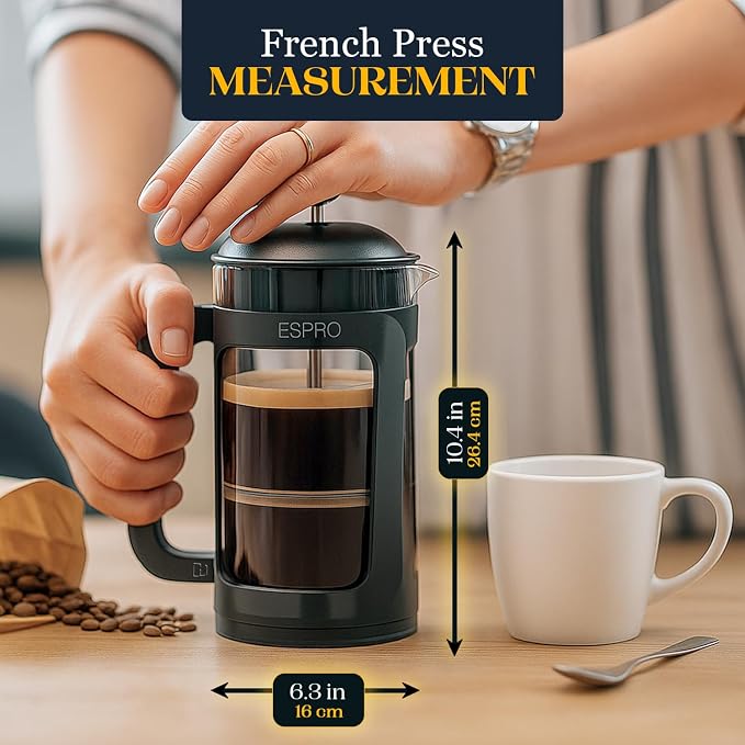 ESPRO Light P3 French Press Coffee Maker – Patented Double Micro-Filter for Grit-Free Brew, Heat Resistant thicker Borosilicate Glass Coffee press – (Black, 32 oz) (Pack of 2)