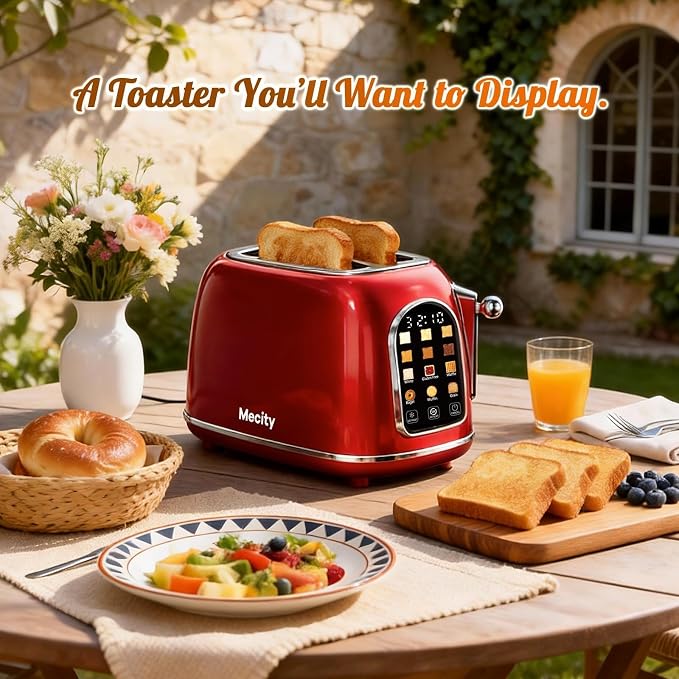 Mecity Toaster 2 Slice, Touch Screen Wide Slot Retro Toaster For Breads Bagel Muffin Waffle, House Warming Gift New Home, 120V 825W, Red Pearl