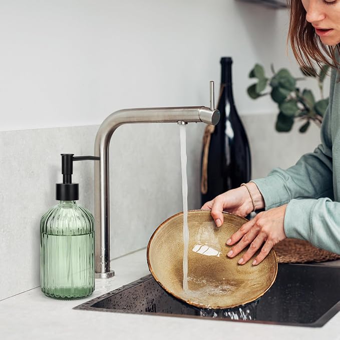 Topsky Glass Soap Dispenser with Black Plastic Pump, 400ml Army Green | Refillable Liquid Hand Soap Dispenser, Rustproof Pump for Kitchen & Bathroom, Great for Lotions, Essential Oil, Liquid Soaps
