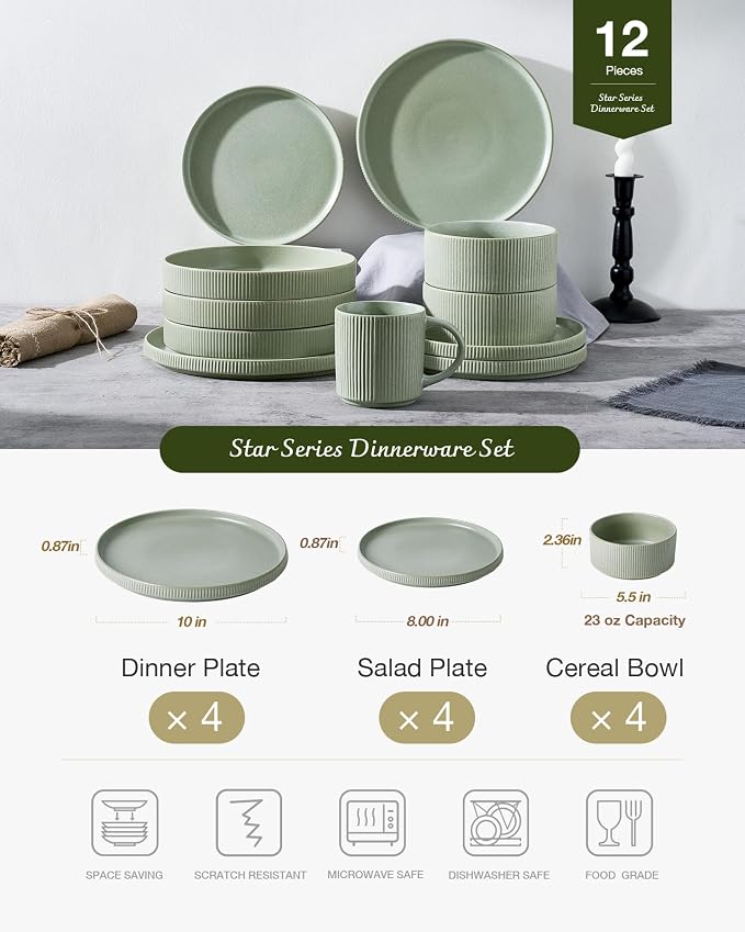 Famiware Star Stoneware Dinnerware Set, Reactive Glaze Plates & Bowls for 4 | 12 pcs Handmade Ribbed Dishes, Chip & Scratch Resistant Ceramic. Microwave & Dishwasher Safe, Rustic Modern, Matte Sage Green